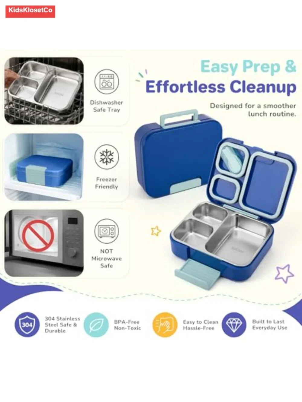 3-Compartment Bento Lunch Box for Kids, 304 Stainless Steel Tray, BPA-Free with